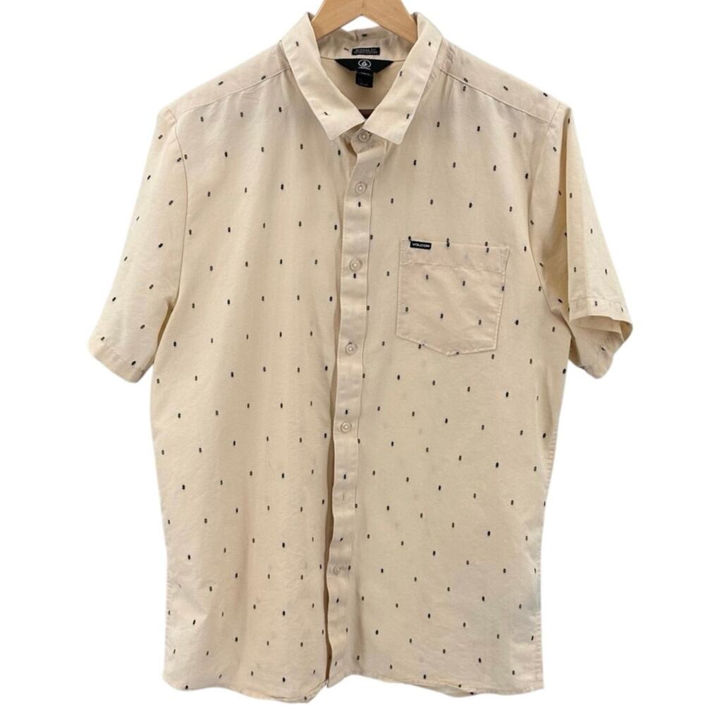 Volcom Button Up Shirt Cream Mens Sz XL Modern Fit Short Sleeve Collared Casual